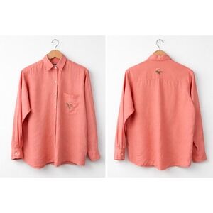 GAP Y2K Linen Cotton Button Down Shirt Coral Pink Embroidered Pocket Relaxed Fit